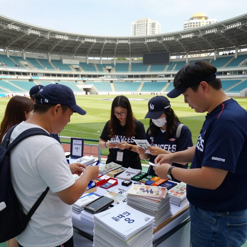 키움히어로즈 갤러리 팬문화 체험기 1 키움히어로즈 갤러리 팬들이 고척스카이돔 서울아트책보고 가챠 앞에서 기념품을 구매하는 모습