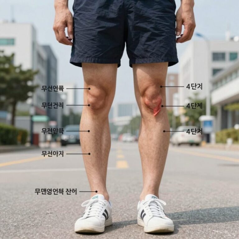 무릎 연골 손상 단계를 보여주는 그림 1단계부터 4단계까지 분류