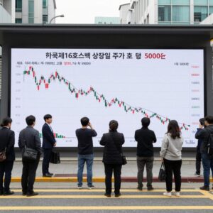 한국제16호스팩 상장일 주가 흐름 차트. 시초가 약 1900원, 장중 고점 5000원, 종가는 하락한 모습