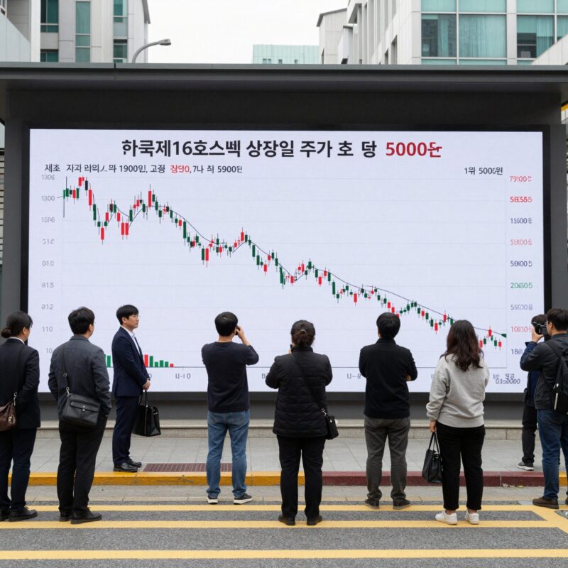 한국제16호스팩 상장일 수익률 분석과 매도 전략 1 한국제16호스팩 상장일 주가 흐름 차트. 시초가 약 1900원, 장중 고점 5000원, 종가는 하락한 모습