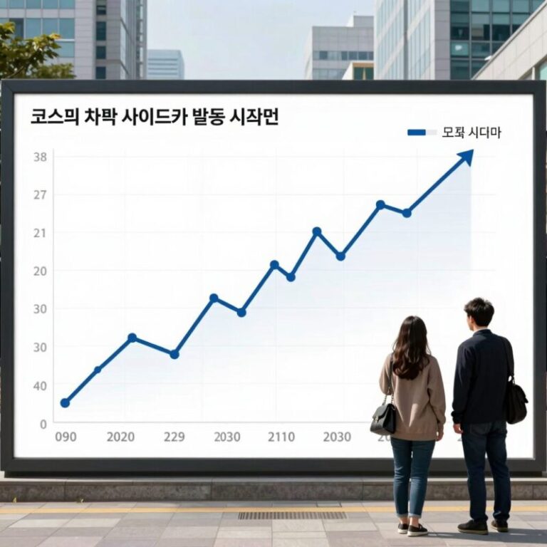 코스피 차트와 사이드카 발동 시점을 표시한 이미지, 급등 구간에 매수 사이드카가 발동됨