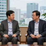 이재용 젠슨황 회동 광주팹 HBM 협력 시동 이재용 삼성전자 회장과 젠슨 황 엔비디아 CEO의 회동 장면 실루엣 이미지