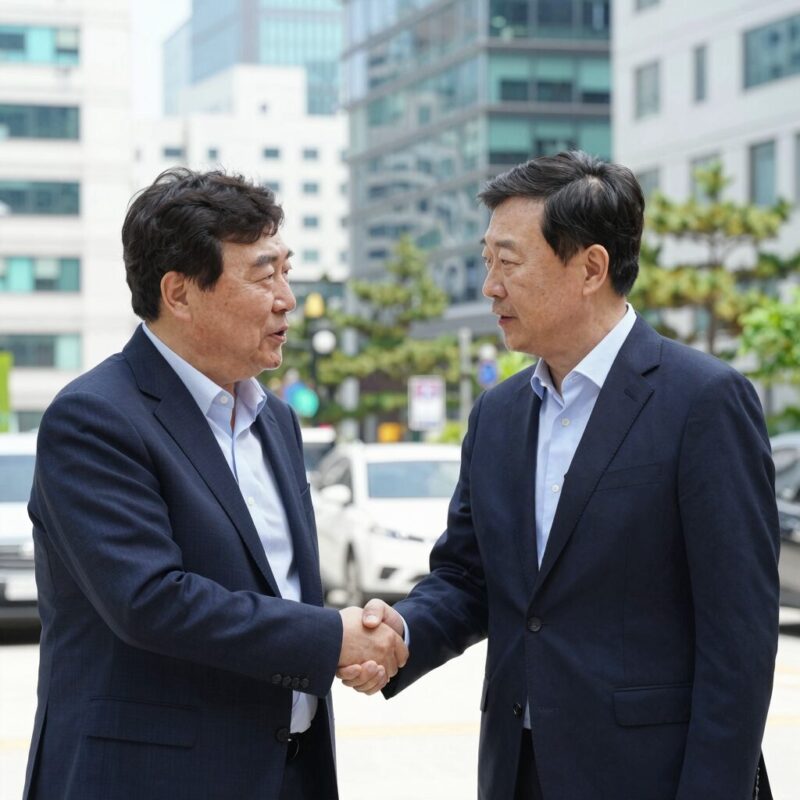 이재용 삼성전자 회장과 샘 올트먼 오픈AI CEO가 악수하며 대화하고 있는 모습