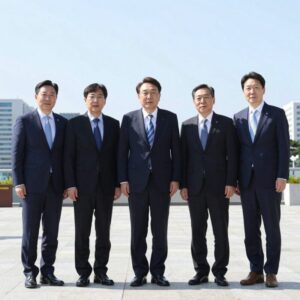 이재명 대통령이 샌프란시스코 AI 서밋에서 빅테크 CEO 및 국내 기업인들과 함께 단상에 서 있는 모습
