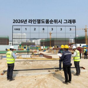2026년 라인건설 도급순위 표시 그래프와 건설 현장 사진