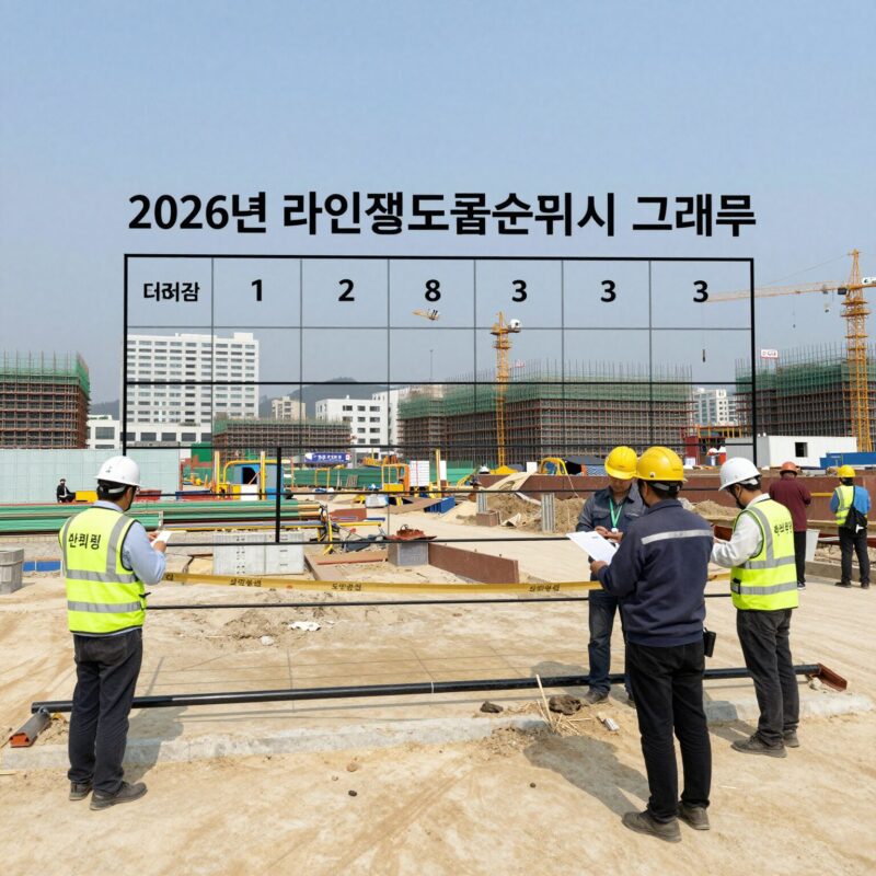 2026년 라인건설 도급순위 표시 그래프와 건설 현장 사진