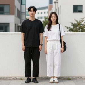 린넨치마를 활용한 여름 레이어링 스타일링, 블랙과 화이트 셋업 코디 사진