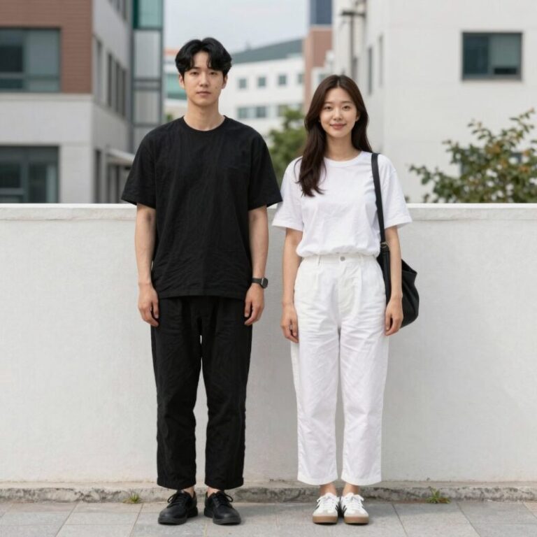 린넨치마를 활용한 여름 레이어링 스타일링, 블랙과 화이트 셋업 코디 사진