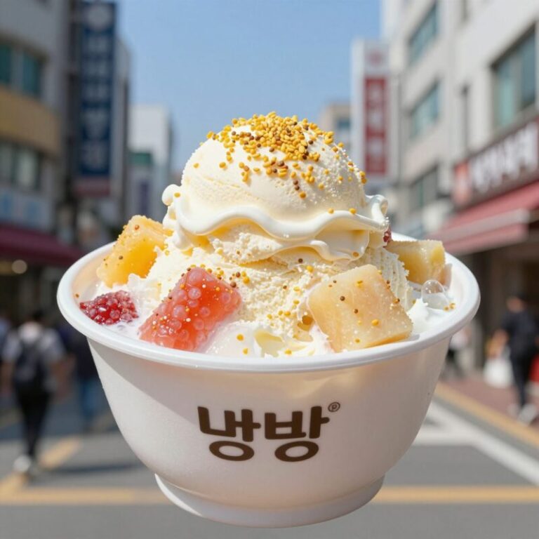 롯데리아 팥빙수 실물 사진 그릇에 담긴 빙수 위에 소프트 아이스크림과 팥 후르츠 떡이 올려져 있다