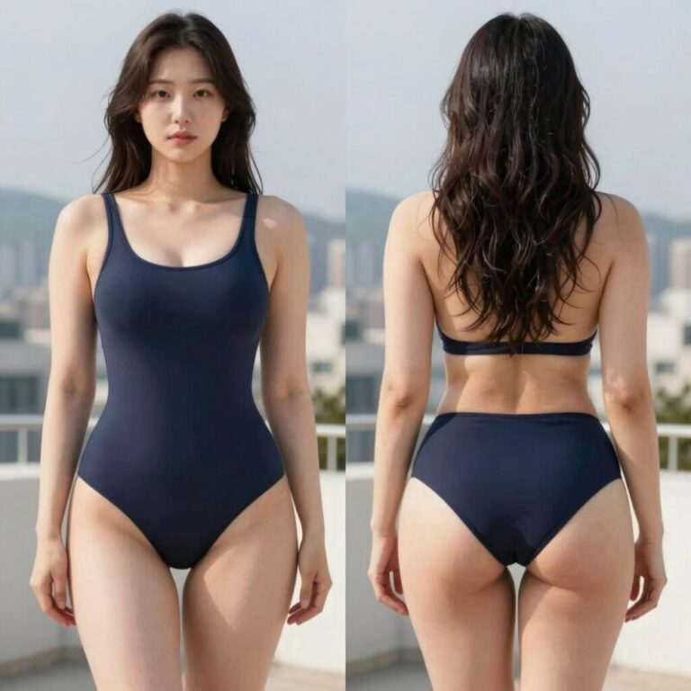 하체비만 체형에 추천하는 비키니와 원피스 수영복 착용 모습