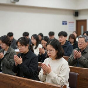 2026년 맥추감사절 강남대청교회 예배 모습, 성도들이 함께 찬양하고 기도하는 장면