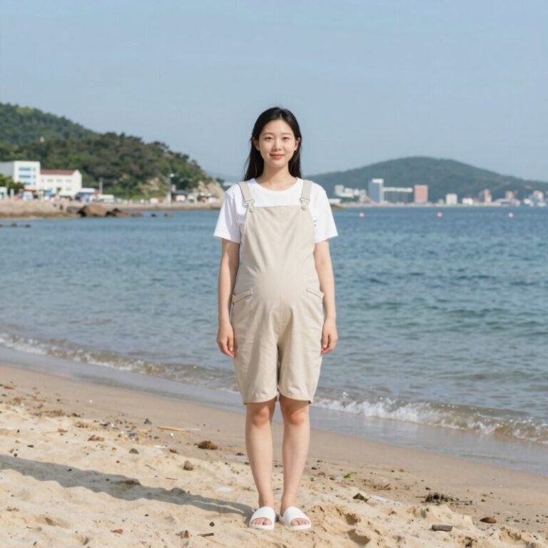 임산부가 래쉬가드 반바지를 입고 해변에서 포즈를 취하는 모습