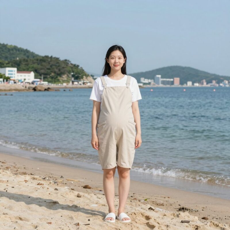 임산부 래쉬가드 반바지 여름 스타일 1 임산부가 래쉬가드 반바지를 입고 해변에서 포즈를 취하는 모습