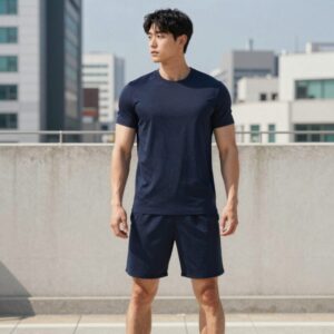 남성 나시 래쉬가드 세트 착용 모습, 루즈핏으로 활동적인 포즈
