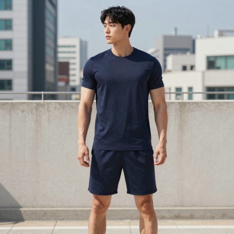 나시 래쉬가드 세트로 여름 준비 끝 1 남성 나시 래쉬가드 세트 착용 모습, 루즈핏으로 활동적인 포즈