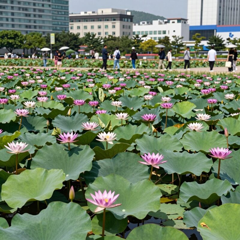 밀양 연꽃과 공연예술 축제 함께 즐기기 1 밀양 연꽃 단지에 활짝 핀 연꽃과 연잎이 어우러진 풍경