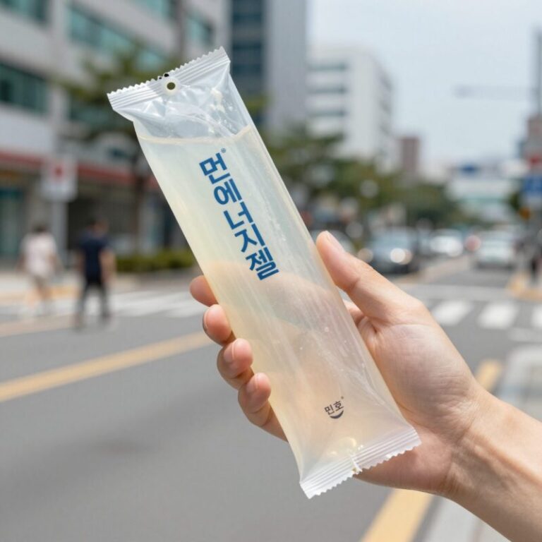 민호 에너지젤 제품을 손에 들고 있는 모습으로, 젤의 농도와 패키지 디자인을 보여준다