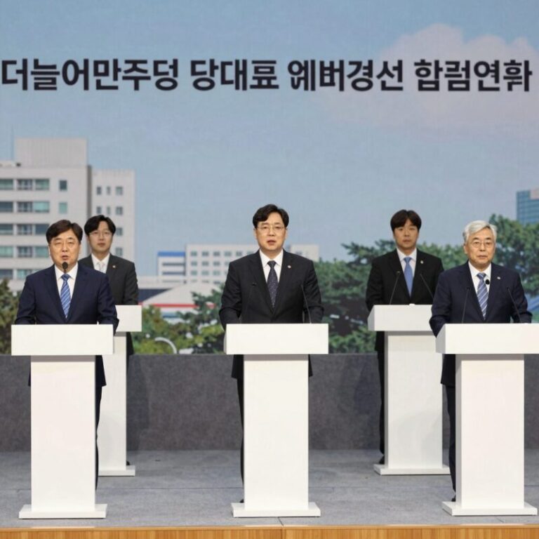더불어민주당 당대표 예비경선 합동연설회 장면. 무대에서 다섯 후보가 연단에 서 있다.