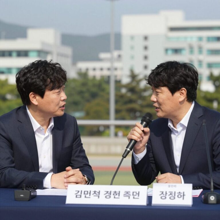 김민석 후보와 정청래 후보가 당대표 경선 토론회에서 열띤 논쟁을 벌이는 모습