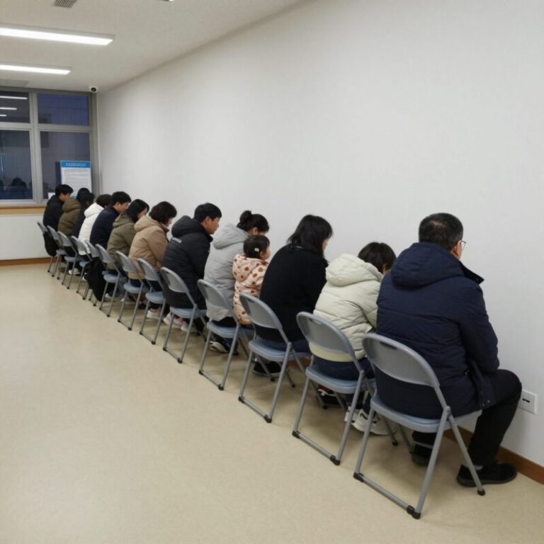 문미호소아과 영유아검진 예약을 위해 새벽 1시 30분에 도착한 대기 줄 모습. 접이식 의자를 펴고 기다리는 부모들.