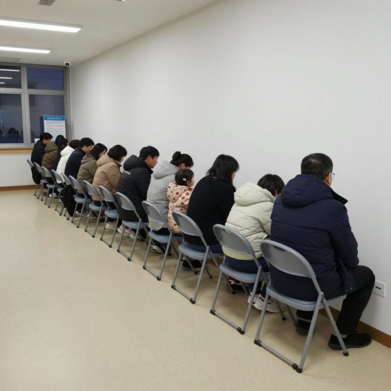 문미호소아과 영유아검진 예약 성공 후기 1 문미호소아과 영유아검진 예약을 위해 새벽 1시 30분에 도착한 대기 줄 모습. 접이식 의자를 펴고 기다리는 부모들.