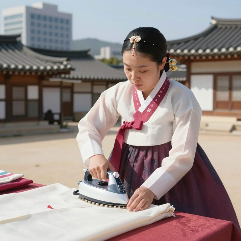 모시옷 여름에 시원하게 입는 법 풀하기 손질 1 모시옷을 다림질하는 손과 다리미 옆에 놓인 모시옷과 삼베이불