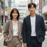 남주혁과 노윤서가 시밀러룩을 입고 다정하게 서 있는 모습, 두 사람의 톤온톤 스타일링이 조화를 이룬다
