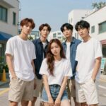 뉴진스 4인조 멤버들이 여름 콘셉트로 함께 포즈를 취한 단체 사진