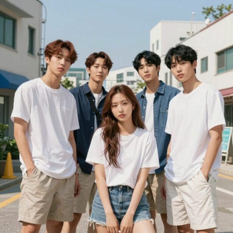뉴진스 4인조 멤버들이 여름 콘셉트로 함께 포즈를 취한 단체 사진