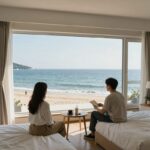 서해안펜션 가족여행 완벽한 선택 서해안 오션뷰 펜션 객실 내부 통창으로 바다가 보이는 모습