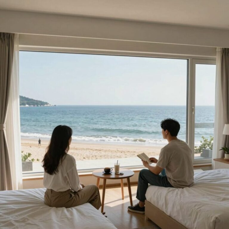 서해안 오션뷰 펜션 객실 내부 통창으로 바다가 보이는 모습