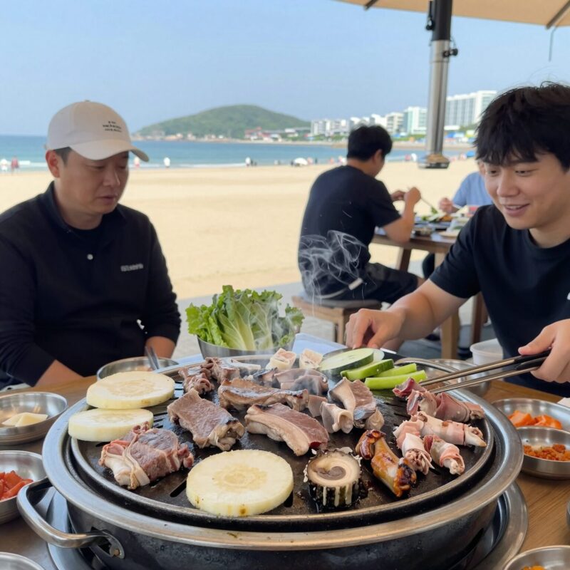 오션월드 근처 바베큐 펜션 추천 후기 1 오션월드 근처 펜션 바베큐 장면, 고기와 야채가 그릴 위에서 익고 있는 모습