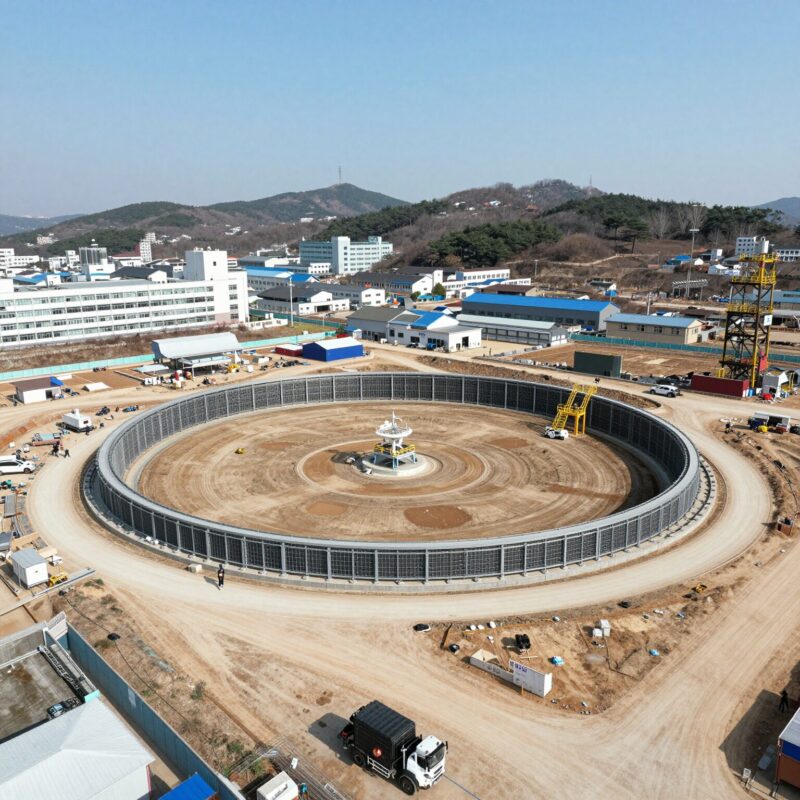 오창 한국새빛가속기 현장 탐방기 1 오창 한국새빛가속기 건설 현장의 항공 전경. 넓은 부지에 가속기 링 구조물이 자리잡고 있다.