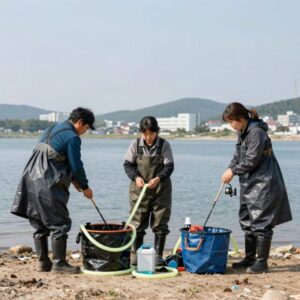 동해 고성 피문어낚시용 자작 채비 완성품. 게 웜과 볼륨 스커트, 야광 튜브가 조합된 모습.