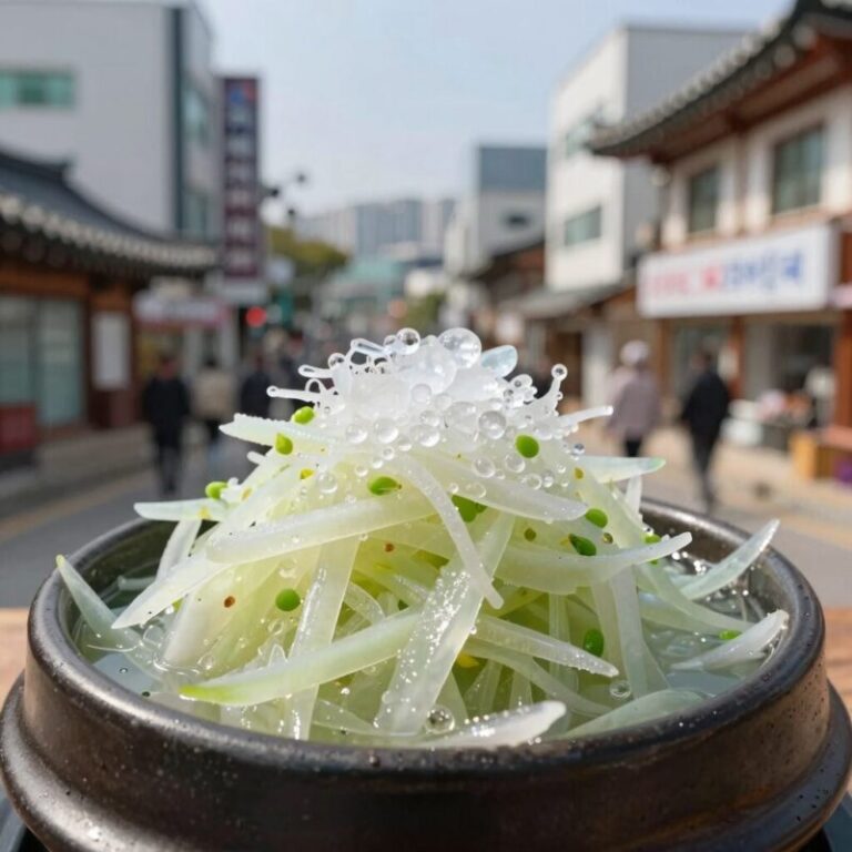 얼음 동동 띄운 오이지 냉국 그릇 사진, 새콤달콤한 국물과 아삭한 오이지가 보인다.