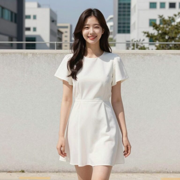 여름에 시원한 올리비아로렌 돌먼슬리브 플레어 원피스를 입은 모습