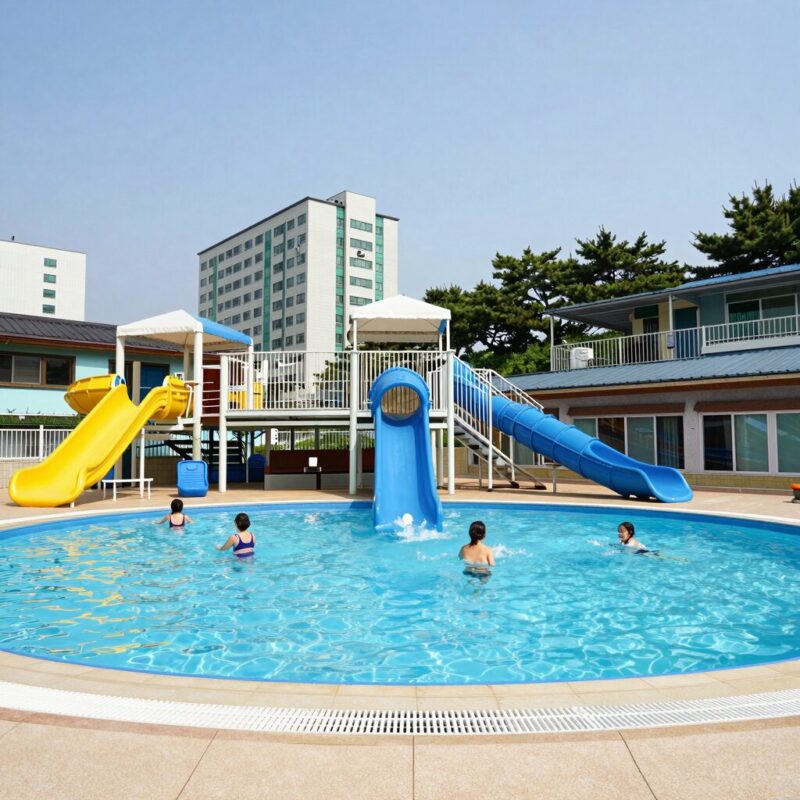 성주온리원펜션 여름휴가 당일치기 추천 1 성주온리원펜션 대형 수영장과 미끄럼틀 전경