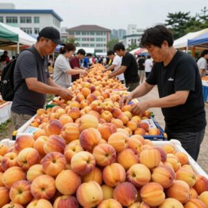 조치원 복숭아 축제장에서 판매 중인 탐스러운 복숭아와 방문객들의 모습