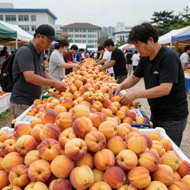 조치원 복숭아 축제장에서 판매 중인 탐스러운 복숭아와 방문객들의 모습