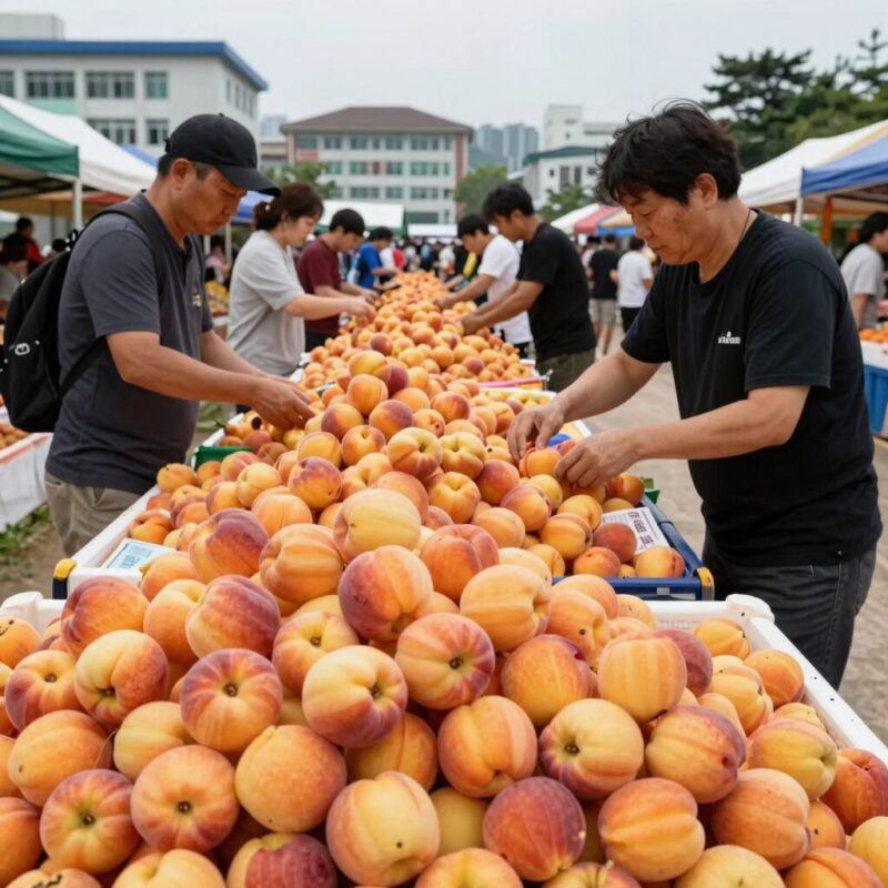 조치원 복숭아 축제장에서 판매 중인 탐스러운 복숭아와 방문객들의 모습