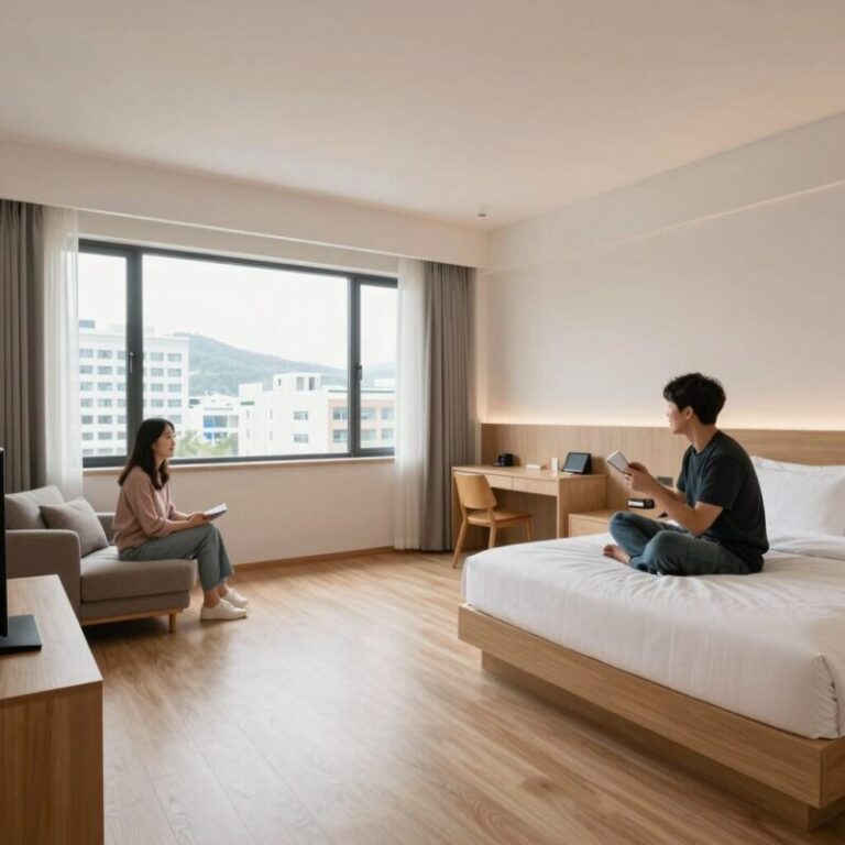 평창 휘닉스파크 리조트 그린동 객실 내부, 넓은 거실과 벙커 침대 모습