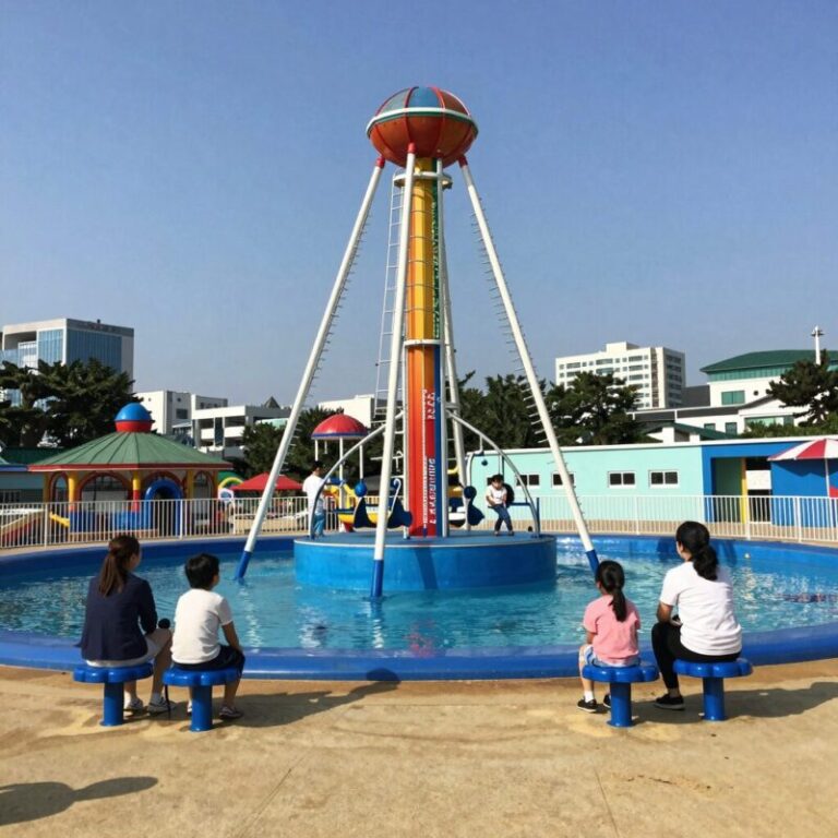 핀스파크 수상레저 놀이기구를 타는 아이와 가족들의 모습
