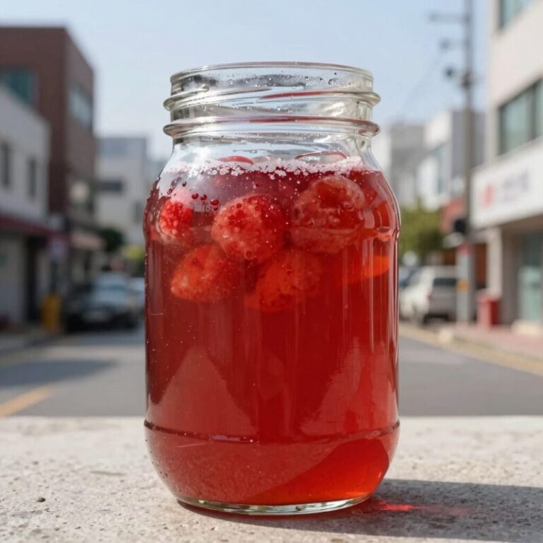 수제 자두청이 담긴 유리병, 붉은 과육과 설탕이 층을 이루며 반짝인다.