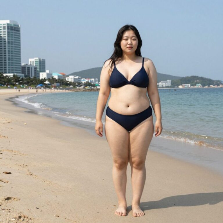 통통한 체형에 하이웨스트 비키니를 입은 여성이 해변에서 포즈를 취한 모습