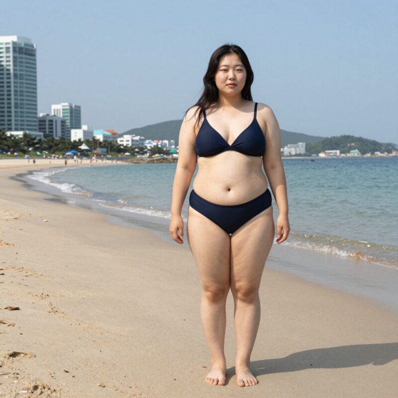 통통한 체형에 하이웨이스트 비키니를 입은 여성이 해변에서 포즈를 취한 모습