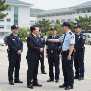 이 대통령이 경찰청을 방문하여 경찰관들을 격려하는 모습