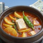 감자 된장찌개 구수하게 끓이는 법 감자 된장찌개에 들어가는 감자, 애호박, 두부, 청양고추 등 다양한 재료들이 냄비에 담겨 보글보글 끓고 있는 모습