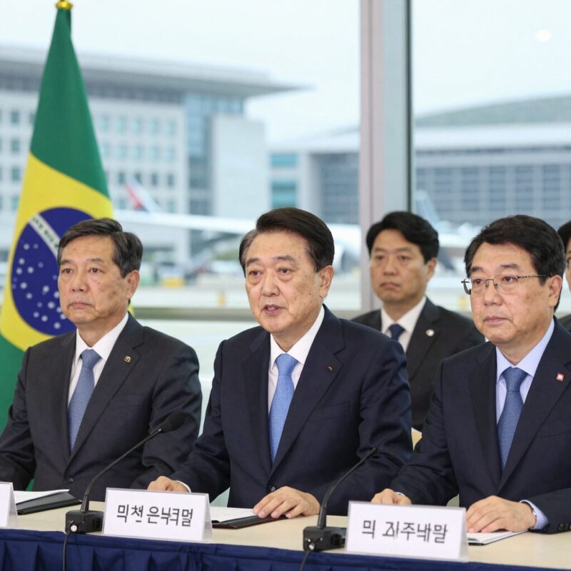 이 대통령 브라질 출국 외교 일정과 전망 1 이 대통령이 브라질 출국 전 공항에서 기자회견하는 모습