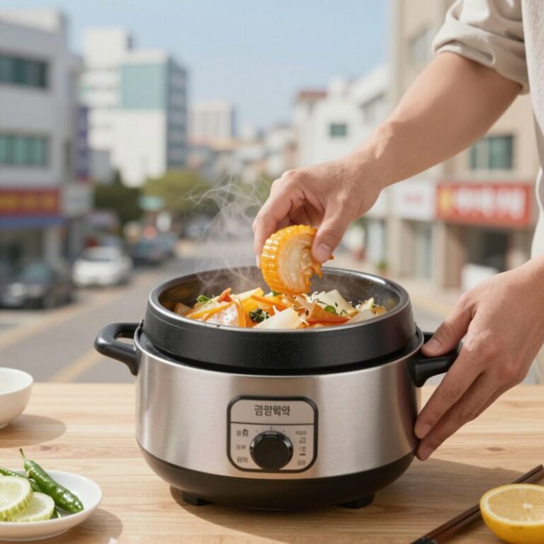 압력밥솥에 감자를 넣고 삶는 모습