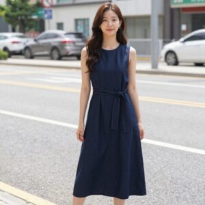 루즈핏 나시 롱 원피스를 허리 벨트로 스타일링한 모습, 시원한 여름 바캉스룩